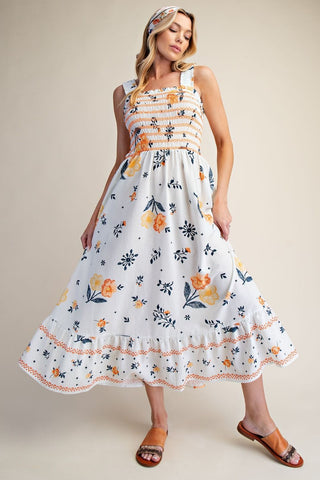 Easel - Floral Printed Washed Linen Dress - White Orange