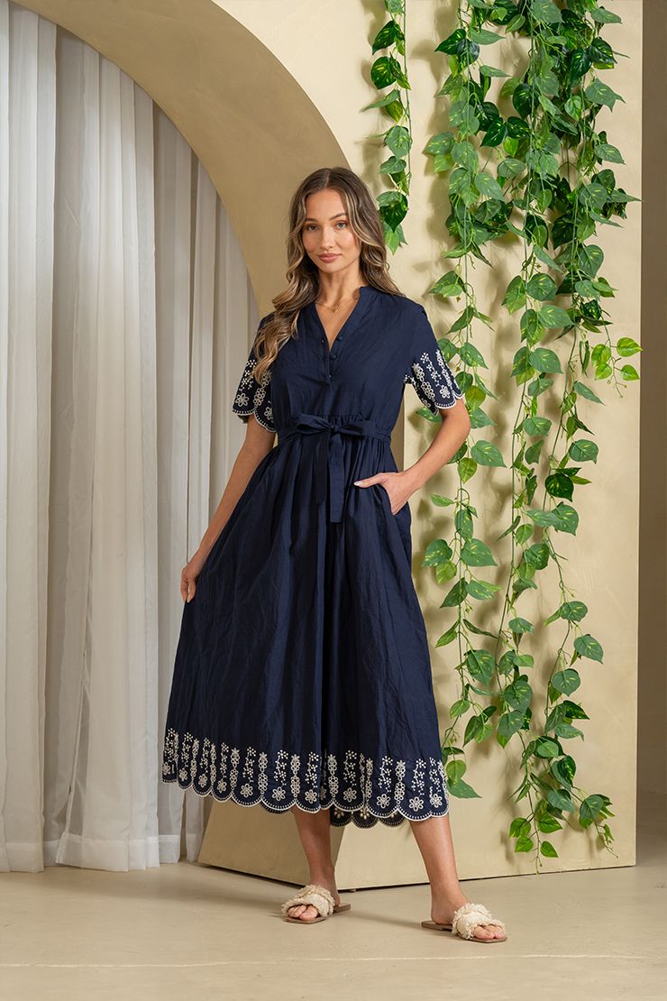 Sew In Love Embroidery V-Neck Long Dress With Short Sleeves and Adjustable Belt
