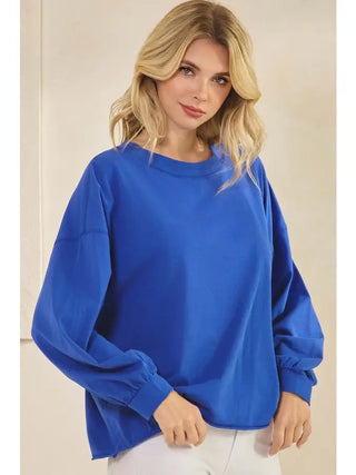 Yelete Cotton Relax Fit Long Sleeve Tops Royal Blue