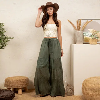 Young Threads - Artisan Flax 4-tier Denim Patchwork Wide Leg Pants