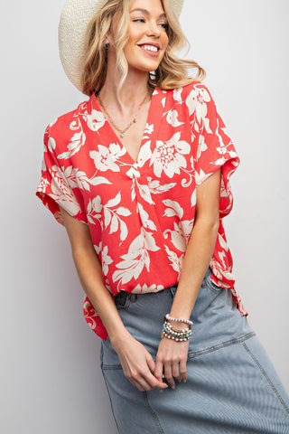 Easel - Tropical Printed Cotton Top - Coral