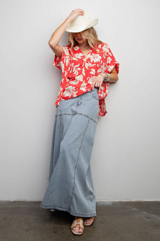 Easel - Tropical Printed Cotton Top - Coral