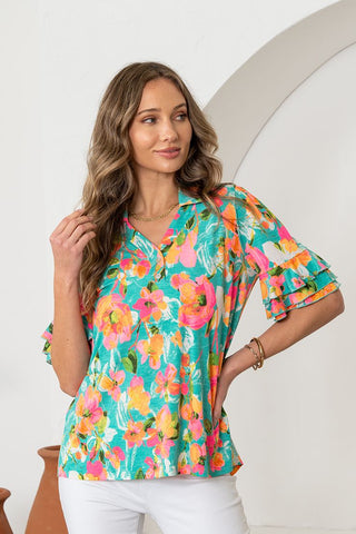 Sew In Love Wrinkle Free Floral Top- Mint/Light Pink