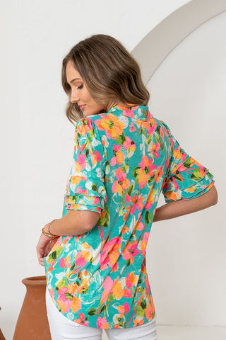 Sew In Love Wrinkle Free Floral Top- Mint/Light Pink