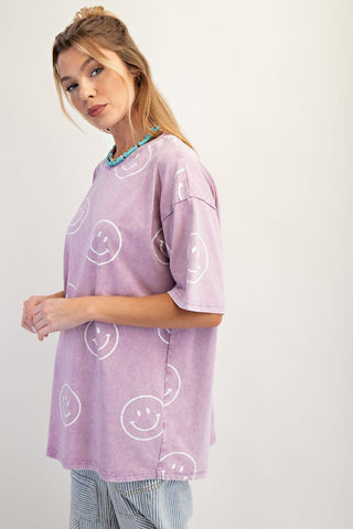 Easel - Lilac Rose Smiley Face Printed Washed Top