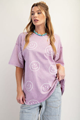 Easel - Lilac Rose Smiley Face Printed Washed Top