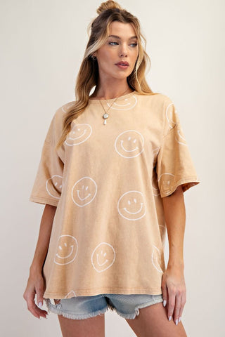 Easel - Toast Smiley Face Printed Washed Top