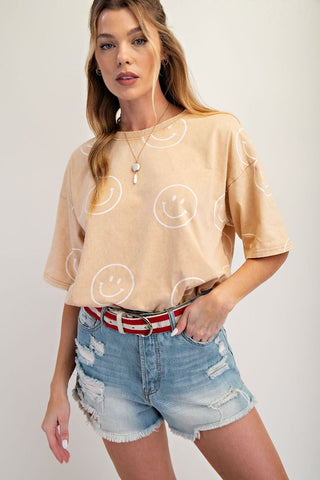 Easel - Toast Smiley Face Printed Washed Top