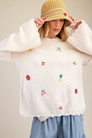 Easel - Ditsy Fruit Embo Sweater - Ivory