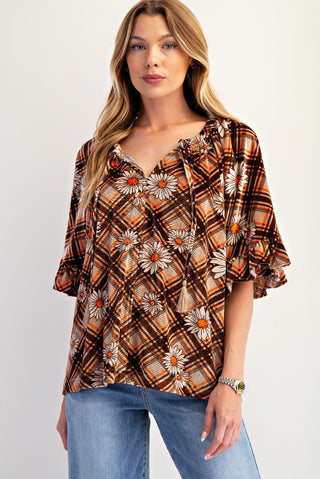 Easel - Easel Plaid Printed Velvet Top