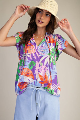 Easel - Printed Peach Blossom Top - Lavender