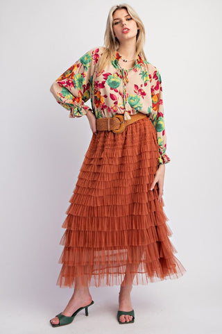 Easel - Floral Printed Wool Top - Khaki