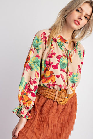 Easel - Floral Printed Wool Top - Khaki