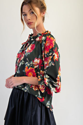 Easel - Floral Printed Wool Top - Forest Green
