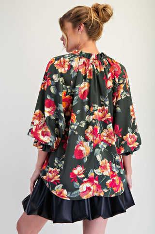 Easel - Floral Printed Wool Top - Forest Green