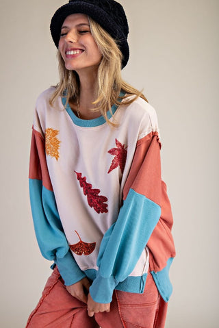 Easel - Color Block Sequins Patch Pullover