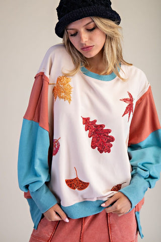 Easel - Color Block Sequins Patch Pullover