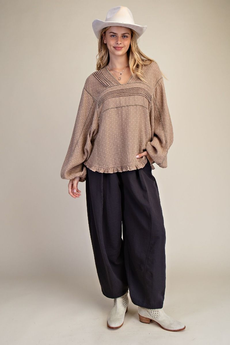 Easel Mocha Polka Dot Washed Cotton Gauze Top | Women’s Long Sleeve Blouse