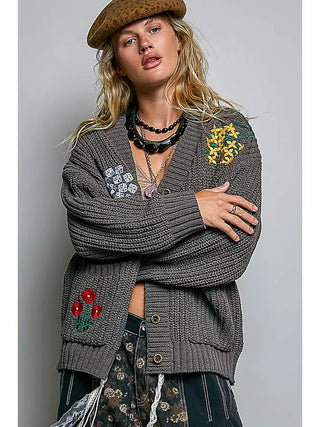 Pol Clothing - V-Neck Flower Embroidery Sweater Cardigan