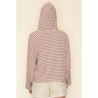 The Greii - Stripe Button Front Hooded Top - Light Blue/Red Stripe