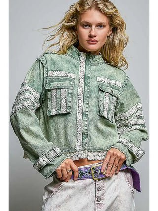 Pol - Vintage Wash Denim Lace Trim Buckle Cuff Stand Collar Jacket