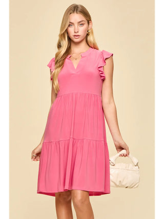 Dear Scarlett Flutter Sleeve Tiered Dress- Pink Glow
