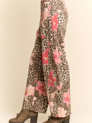 Davi & Dani - Leopard Floral Print Relaxed Wide Leg Pants
