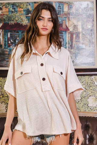 BUCKETLIST - Solid Textured Knit Collared Top