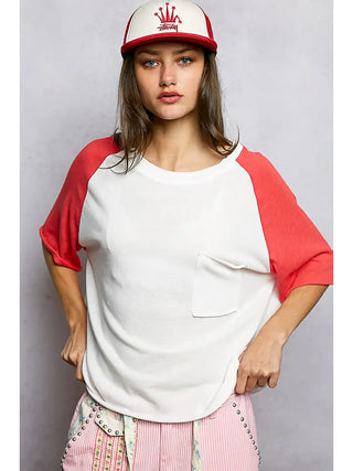POL - Round Neck Short Sleeve Contrast Knit Top - Ivory/Apple