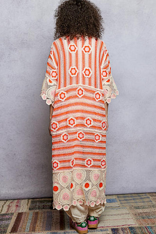 POL Boho Crochet Lace Kimono Cardigan – Lightweight Open-Front Layer Orange Multi