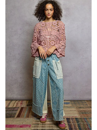 POL Crochet Lace Boho Top for Women Rose Pink