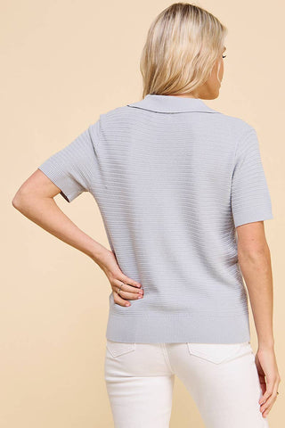 Allie Rose - Fine Gauge Short Sleeve Textured Polo -Cool Grey