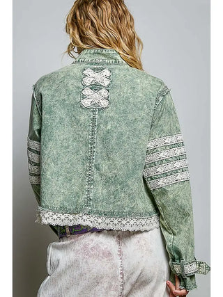 Pol - Vintage Wash Denim Lace Trim Buckle Cuff Stand Collar Jacket