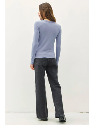 Be Cool - Round Neck Long Sleeve Knit Top - Vintage Blue