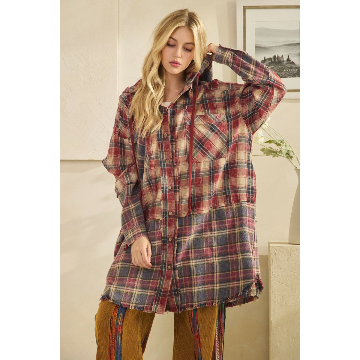 Oli & Hali Washed Plaid Button Down Hoodie Shirt | Women’s Oversized Flannel