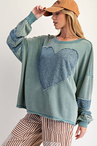 Easel Heart Patch Front Washed Terry Pullover