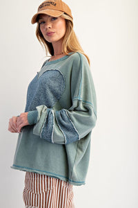 Easel Heart Patch Front Washed Terry Pullover