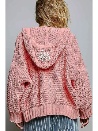 Pol - Floral Patch Rib Band Solid Chenille Sweater Hoodie Jacket