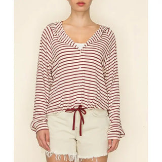 The Greii - Stripe Button Front Hooded Top - Light Blue/Red Stripe