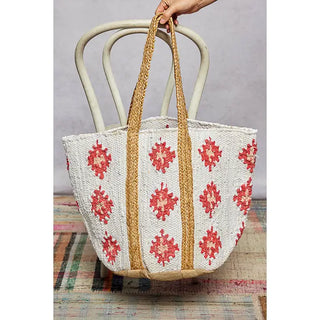 POL - Ivory/Red Denim Crochet Woven Tote Bag