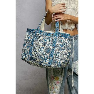 POL - Ivory Blue Bohemian Roomy Fit Floral Print Woven Tote Bag
