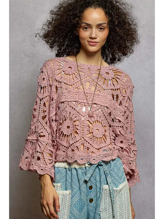 POL Crochet Lace Boho Top for Women Rose Pink