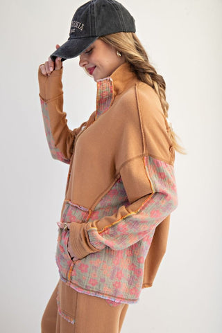 Easel Floral Print Mock Neck Washed Terry Pullover