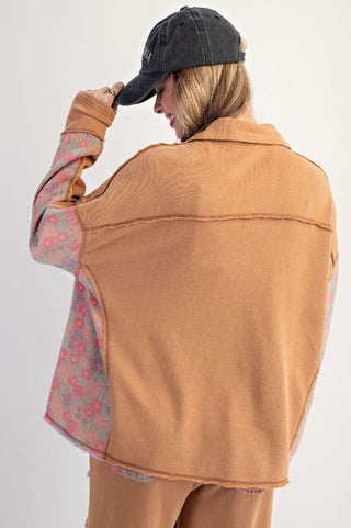 Easel Floral Print Mock Neck Washed Terry Pullover