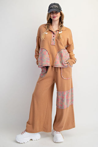 Easel Floral Print Mock Neck Washed Terry Pullover