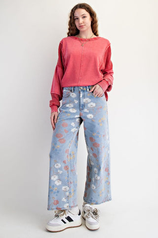 Easel Floral Printed Washed Stretch Twill Pants - Washed Denim