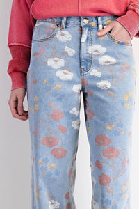Easel Floral Printed Washed Stretch Twill Pants