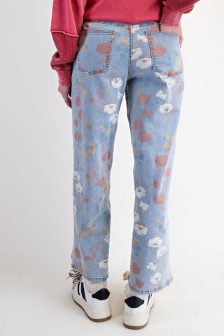 Easel Floral Printed Washed Stretch Twill Pants - Washed Denim