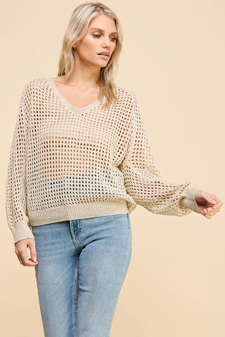Allie Rose Open Weave Foil Knit V-Neck Sweater- Cream Gold