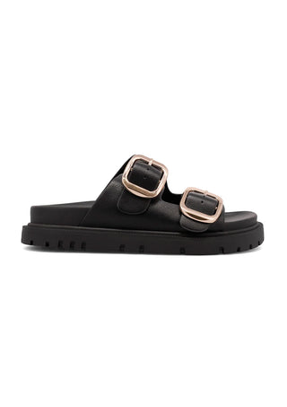 MIA Shoes GEN Slide Black – Women’s Sandal with Gold Buckles